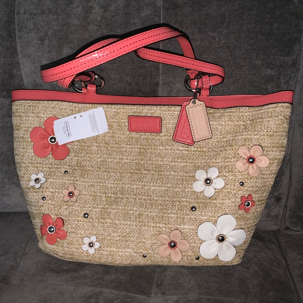 Rare Coach Natural Straw Embellished Coral Tote